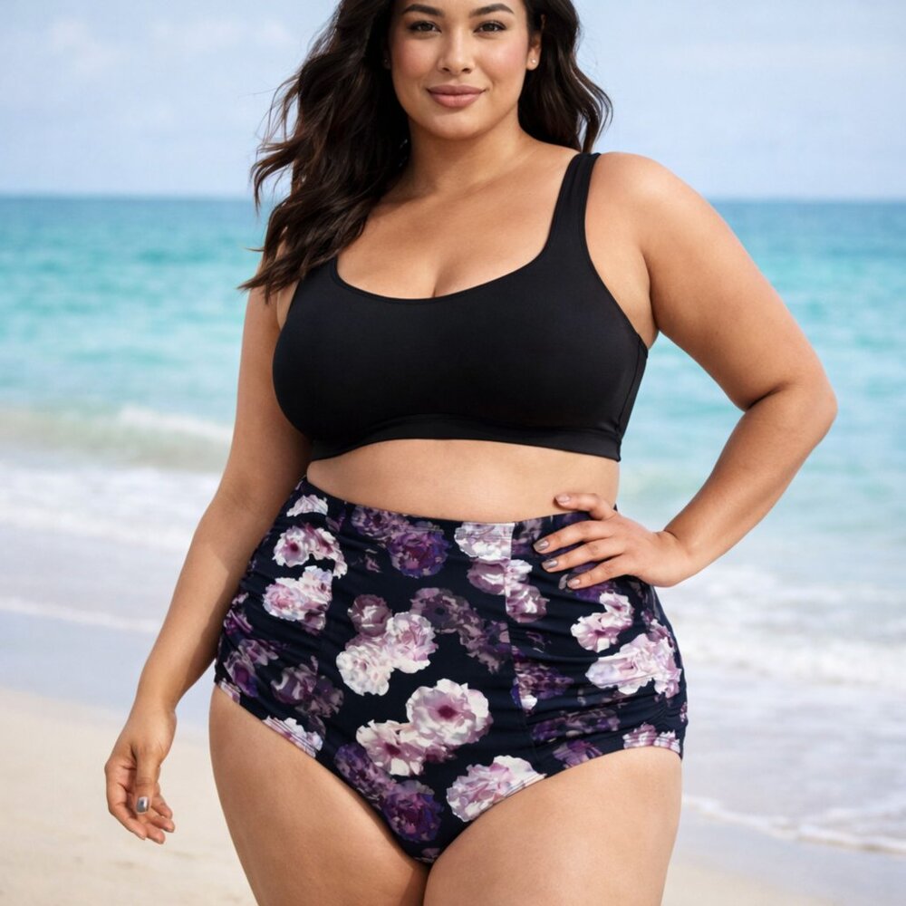 Torrid Swim Bottom 3X 22 24 Purple Floral High Rise Ruched Full Coverage Stretch